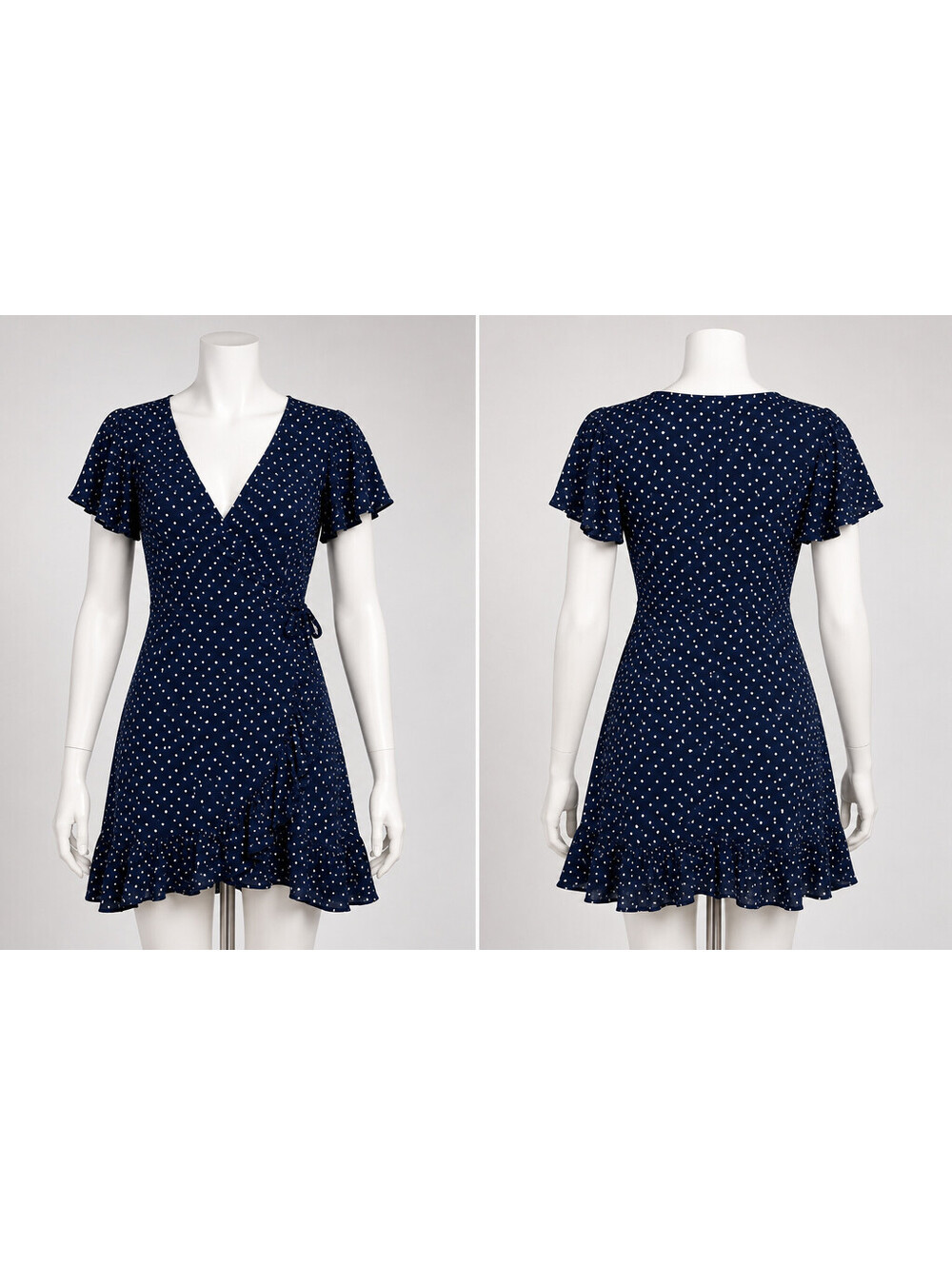 Navy Blue Polka Dot Wrap Dress with Ruffle Hem, Size Medium